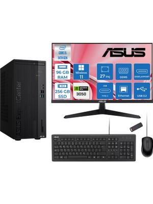 Asus Expertcenter D501MER  Intel® Core™ İ5-14500 96GB Ddr5 256GB SSD 6GB/RTX3050 WIN11HOME Mini Tower+27" 120Hz Asus Monitör Masaüstü Bilgisayar 14WD501MER23H31+ZETTAUSBBELLEK