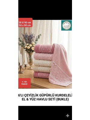 6 Lı Çeyizlik Güpürlü Kurdeleli El ve Yüz Havlu %100 Pamuk Set