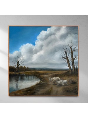 Galeri Mavi Doğa - El Yapımı Yağlı Boya Tablo – | 40X40 cm Özgün Imzalı Sanat Eseri | Çerçeveli
