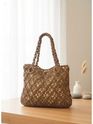 Meya Design Büyük Boy Astarlı Örgü Plaj ve Omuz Çantası - 40X31 cm