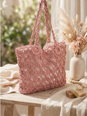 Meya Design Büyük Boy Astarlı Örgü Plaj ve Omuz Çantası - 40X31 cm