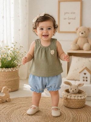 Lina Baby Bloomm Kız Bebek Müslin Şortlu Takım – Yazlık Pamuklu 2’li Takım