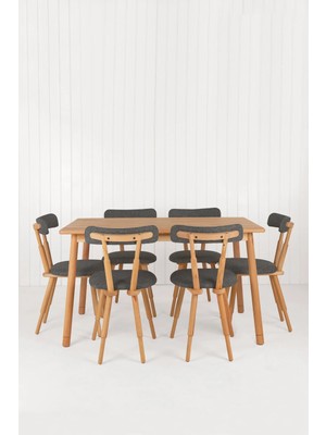 Unboxdeco Alaçatı Masif Kayın Ahşap Masa Takımı, 6 Adet Sd Nesrin Masif Kayın Ahşap Tasarım Sandalye 130X80 cm Antrasit