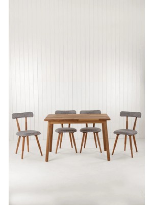 Unboxdeco Alaçatı Masif Ceviz Ahşap Masa Takımı, 4 Adet Sd Nesrin Masif Ceviz Ahşap Tasarım Sandalye 115X80 cm Gri