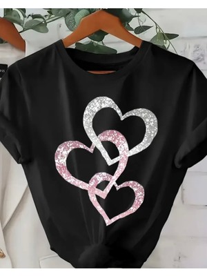 Nıgrum Pardus Özel Seri Büyük Beden Çengel Kalp Baskılı %100 Pamuk Oversize Kadın T-Shirt