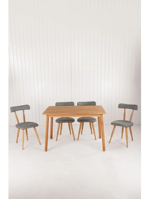 Unboxdeco Alaçatı Masif Kayın Ahşap Masa Takımı, 4 Adet Sd Nesrin Kayın Ahşap Tasarım Sandalye 115X80 cm Gri