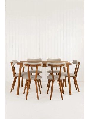 Unboxdeco Alaçatı Masif Ceviz Ahşap Masa Takımı, 6 Adet Sd Nesrin Masif Ceviz Ahşap Tasarım Sandalye 130X80 cm Bej