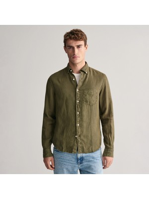 Gant Erkek Yeşil Regular Fit Düğmeli Yaka Keten Gömlek