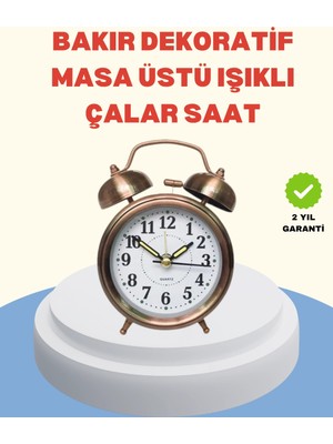 Epilons Metal Bronz Nostaljik Masa Saati Alarmlı Büyük Boy Sessiz Mekanizmalı