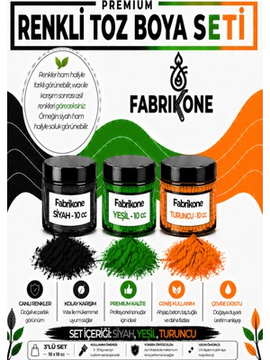 Fabrikone 3'lü Set Premium Parafin Soya Wax Toz Mum Boyası Hobi Seti - 10 cc (Siyah, Yeşil, Turuncu) BKFAB3SYT10G