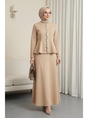 Moda Morfo Önü Çift Çıtçıtlı Beli Volanlı Etekli Scuba Takım -Vizon