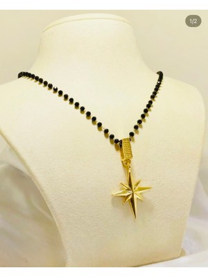 Stainless Stell Gold Yıldız Uçlu Siyah Boncuk Kolye