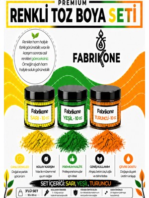 Fabrikone 3'lü Set Premium Parafin Soya Wax Toz Mum Boyası Hobi Seti - 10 cc (Sarı, Yeşil, Turuncu) BKFAB3SRYT10G