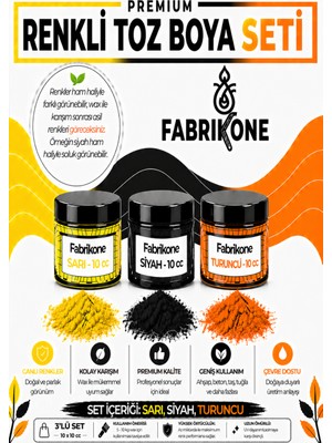 Fabrikone 3'lü Set Premium Parafin Soya Wax Toz Mum Boyası Hobi Seti - 10 cc (Sarı, Siyah, Turuncu) BKFAB3SRST10G
