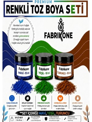 Fabrikone 3'lü Set Premium Parafin Soya Wax Toz Mum Boyası Hobi Seti - 10 cc (Mavi, Yeşil, Turuncu) BKFAB3MYT10G