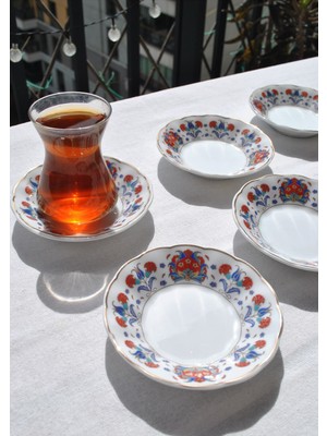 Qualitev 6\'lı Porselen Çay Tabağı Etnik Vintage Çini Motifli Çay Tabak 10 cm - Ahura