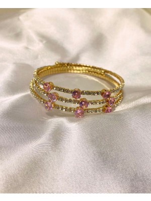 Stainless Stell Pembe Taş Detaylı Gold Kelepçe Bileklik