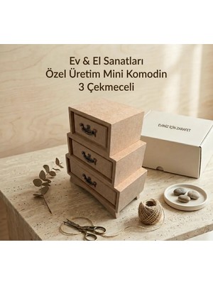 Ahşap Boyanabilir 3 Çekmeceli Kulplu Dekoratif Takı-Makyaj-Aksesuar Kutusu