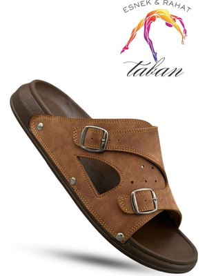 Sermoda Erkek Terlik - Çift Toka Ayarlanabilir Esnek Taban Deri Erkek Terlik T Taba