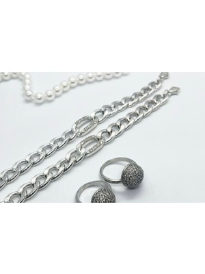 Stainless Stell Modern Taş Detaylı Zincir Bileklik (Gümüş Renk)
