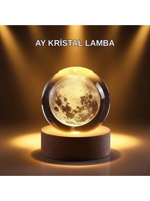 Epilons USB Işıklı Ay Kristal Küre 3D Oyma Tasarım Ahşap Standlı Gece Lambası