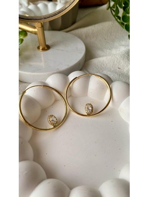 Jewelry Taş Detaylı 4cm Halka Küpe