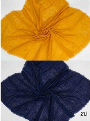 Özense 2'li Flamlı Pamuklu Terletmeyen 4 Mevsim Kullanılabilir 100X100 cm Hardal Sarısı ve Lacivert Renkli Eşarp