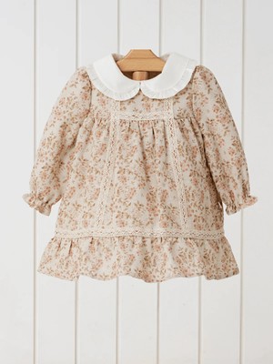 Mymio Bebe Yaka Uzun Kollu Dantel Detaylı Kız Bebek Elbise