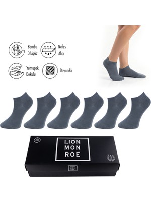 Lion Monroe Saf Bambu 4 Mevsim Erkek Patik Düz Füme Çorap Dikişsiz Premium Hediye Kutulu 6'lı Prime Comfort Serisi S680AZNS