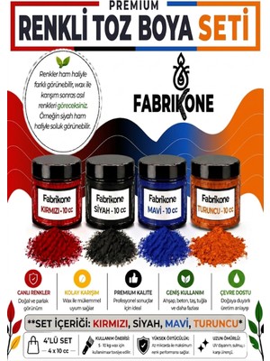 Fabrikone Toz Mum Boyası Seti 10 cc 4’lü – Soya & Parafin Wax Için – Kırmızı, Siyah, Mavi, Turuncu BKFAB4KSMT10G