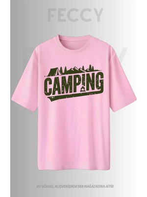 Feccy Premium Camping Baskılı Avcı Tema Unısex Oversize Kadın Tişört Erkek Tişört Pamuklu Oversize Tişört