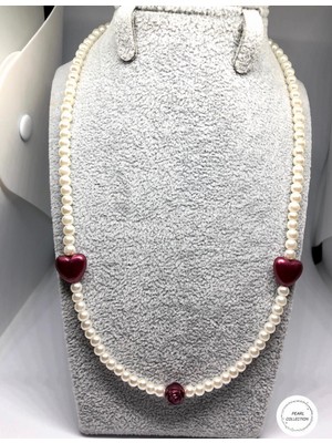 Bordo Gül ve Kalp Detaylı Romantik Inci Kolye