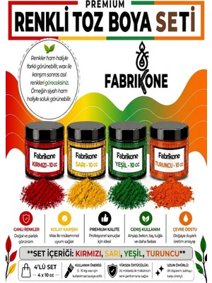 Fabrikone Toz Mum Boyası Seti 10 cc 4’lü – Soya & Parafin Wax Için – Kırmızı, Sarı, Yeşil, Turuncu BKFAB4KSRYT10G