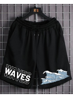 Punix Punıx Büyük Beden Waves Dalgalar Baskılı Ter Tutmayan Yazlık Erkek Rahat Kalıp Beach  Sort