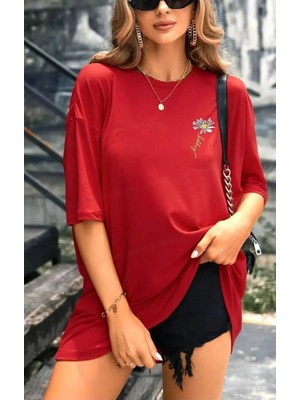 Feccy Papatya Baskılı Kadın  Yazlık Pamuklu Kumaş Oversize Kalıp Tshirt