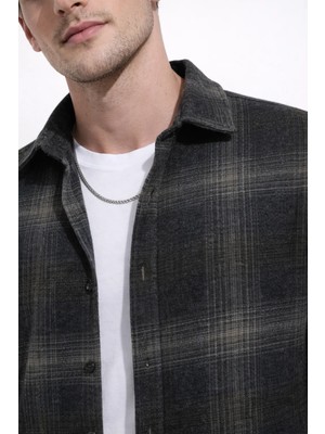 Cococan8 Erkek Oduncu  Gömlek Slim Fit Uzun  Koll  Ekose  Desen  Gri Yumuşak Dokulu
