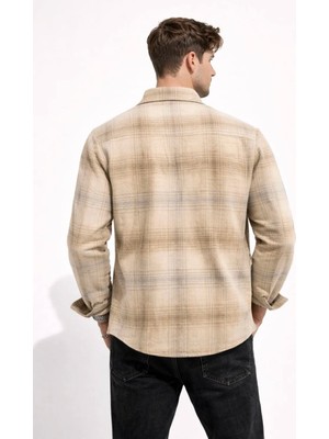 Cococan8 Erkek   Oduncu Gömlek Slim Fit   Uzun Kol  Bej  Ekose Desen Yumuşak Dokulu