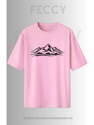 Feccy Premium Dağ Baskılı Avcı Tema Unısex Oversize Kadın Tişört Erkek Tişört Pamuklu Oversize Tişört