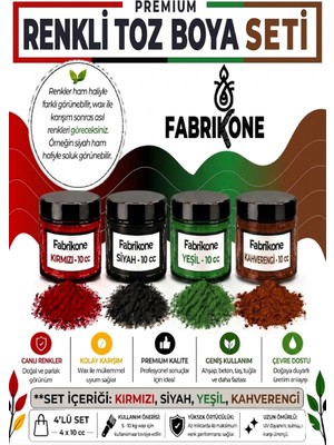 Fabrikone Toz Mum Boyası Seti 10 cc 4’lü – Soya & Parafin Wax Için – Kırmızı, Siyah, Yeşil, Kahverengi BKFAB4KSYKH10G