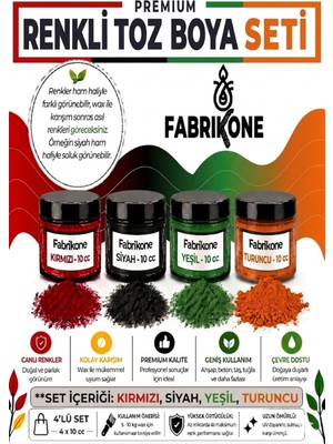 Fabrikone Toz Mum Boyası Seti 10 cc 4’lü – Soya & Parafin Wax Için – Kırmızı, Siyah, Yeşil, Turuncu BKFAB4KSYT10G