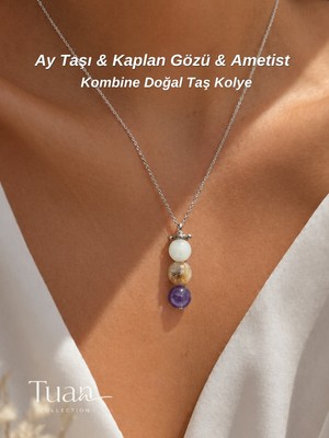 Tuan Collection Ay Taşı, Kaplan Gözü ve Ametist Kombin Çelik Kolye (8 mm Doğal Taş)
