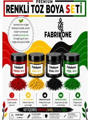 Fabrikone Toz Mum Boyası Seti 10 cc 4’lü – Soya & Parafin Wax Için – Kırmızı, Sarı, Siyah, Yeşil BKFAB4KSRSY10G
