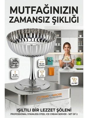 Creatividad Solutions 2'li Profesyonel Inox Gümüş Paslanmaz Çelik Ayaklı Dondurma ve Tatlı Sunum Kasesi Seti 723148
