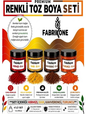 Fabrikone Toz Mum Boyası Seti 10 cc 4’lü – Soya & Parafin Wax Için – Kırmızı, Sarı, Kahverengi, Turuncu BKFAB4KSRKHT10G