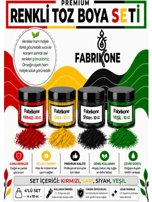 Fabrikone Toz Mum Boyası Seti 10 cc 4’lü – Soya & Parafin Wax Için – Kırmızı, Sarı, Mavi, Yeşil BKFAB4KSRMY10G