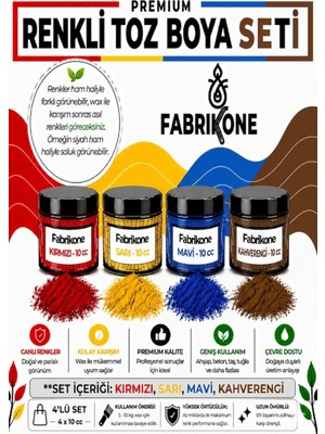 Fabrikone Toz Mum Boyası Seti 10 cc 4’lü – Soya & Parafin Wax Için – Kırmızı, Sarı, Mavi, Kahverengi BKFAB4KSRMKH10G