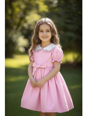 Asel Collection Kız Çocuk Fiyonk Detaylı Taşlı Bebe Yaka Elbise – Şık Prenses Model (Pembe/mavi)