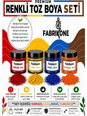 Fabrikone Toz Mum Boyası Seti 10 cc 4’lü – Soya & Parafin Wax Için – Kırmızı, Sarı, Mavi, Turuncu BKFAB4KSRMT10G