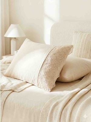 Karaca Home Valeria %100 Pamuklu Krem Dantelli 2'li Yastık Kılıfı Seti - 50X70 cm Premium Yastık Kılıfı