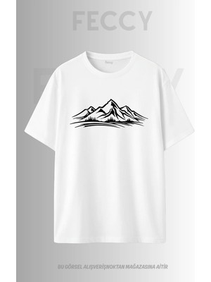 Feccy Premium Dağ Baskılı Avcı Tema Unısex Oversize Kadın Tişört Erkek Tişört Pamuklu Oversize Tişört
